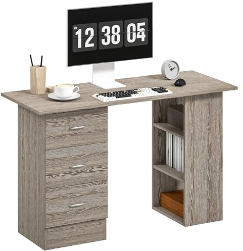 HOMCOM Computer Desk, Writing Table, PC Workstation with 3 Storage Shelves and Drawers, Silver Handle, for Home Office, Grey