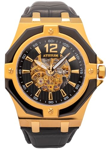 BestMarket.TV Attitude Automatik Herrenuhr, Skelett-Design, Stahl mit IPG-Goldbeschichtung, Echtleder-Armband, 21 Rubine, 35mm, 5 ATM Wasserdicht