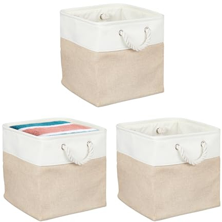 Relaxdays storage basket, 3-piece set, linen, with rope handles, for clothes, toys, 30x30x30 cm, beige/white