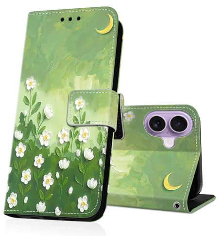 DiaryTown Handyhülle für iPhone 17 Hülle Wallet Lederhülle Kartenfach Ständer Klapphülle Stoßfest Schutzhülle Flip Case Cover Brieftasche Handytasche - Z-Grüne Gelbe Blume Ölgemälde