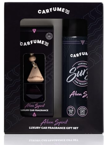 Carfume Alien Spirit Car Air Freshener Gift Set | Original Collection | Floral, Jasmine & White Amber Fragrance - Hanging Diffuser & Surge Can - Luxury Purple Car Accessory Gift For Women