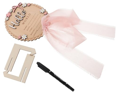 Neugeborenenplaque Geburtsanzeige mit Stift, Holzschild | Beige, 1 Satz, Babyshower Deko und Fotorequisite, mit Holz, Spitze und Kunststoffteilen