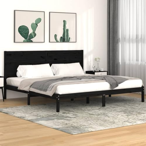 QZZCED Struttura per letto in legno massello di pino nero, 200 x 200 cm, con testiera e doghe di supporto, base per materasso di dimensioni King Size, design rustico e robusto