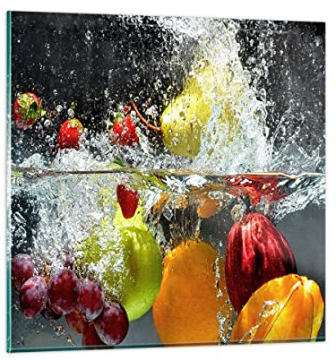 Deco Cadre Salon Fruits eau éclaboussures nourriture Moderne Impression sur Verre 50x50cm Image Tableau en Verre Decoration Murale Chambre Carré Art Petit Tableaux Decoratifs Muraux GAC50x50-2972