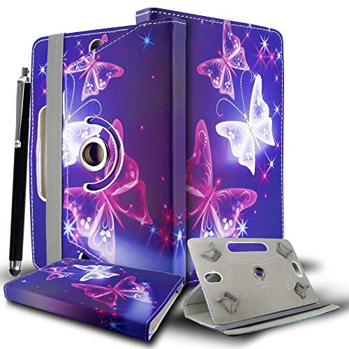 10inch Tablet Case Cover - Universal Leather Stand Case Folio Cover Magic Leather 360° Rotating Case Fits to ALL 10 Inch & 10.1 Inch Android Tablets tab + Stylus Pen (BUTTERFLY BLUE CASE COVER)