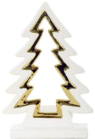 White Ceramic Christmas Tree Shaped Tealight Candle Holder With Shiny Gold Detail - 10cm Tall