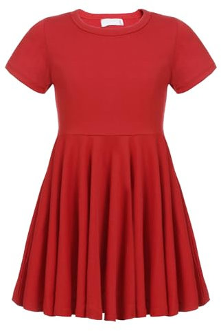 trudge Girls Summer Swing Dress A-line Short-Sleeved Cotton Solid Color Princess T-Shirt Dresses Basic Fattern Skater Dress 9-10 Years Red