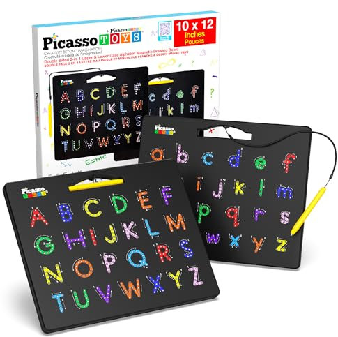 PicassoTiles 2-in-1 Double Sided Magnetic Alphabet Board ABC A-Z Upper Case Capital and Lowercase Letter Writing Reading Playboard 12x10 inch Large Magnet Tablet Pad Open-Ended Learning Playset PTB03
