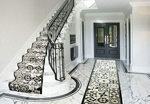 Bravich RugMasters Tiles Grey Rubber Backed Non Slip Machine Washable Very Long Hallway Hall Runner Narrow Rugs Custom Length Stair Mats 2'2x8'FT (66x244cm)