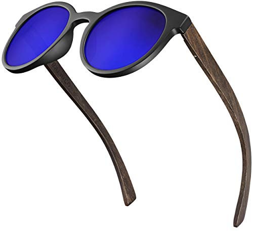 Balinco® Lunettes de soleil en bambou avec verres ronds polarisés - dans un set d'accessoires, boîte cadeau incluse - avec protection UV400 & lentilles TAC - aux femmes & aux hommes (bleu miroité)