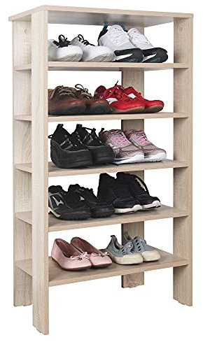 RICOO Schuhregal schmal und hoch 105x55x32cm Standregal Pressholz Eiche Sonoma Braun WM041-ES, Schuhständer mit 6 Ebenen, Schuhschrank offen, Schuhablagen Flur Rack, Schuhablage klein, Schuhregale