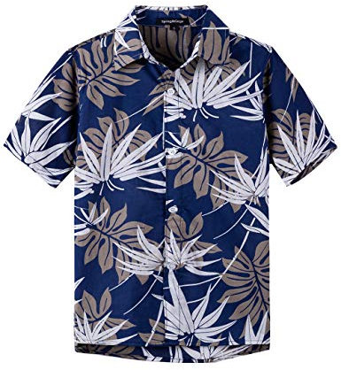 Spring&Gege Jungen Kurzarm Hawaiihemd Cartoon Print Unisex Button Down Lustig Shirts, Dunkelblaue Blätter, 128-134