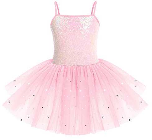 IWEMEK Kinder Ballettkleidung Mädchen Ballettkleid Ärmellos Pailletten Balletttrikot Ballettanzug Tanzkleid Tanzbody mit Tütü Rock Ballettrock Gymnastik Tanzbekleidung Rosa 5-6 Jahre