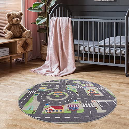 Pasha Home Kinderteppich 120 cm Rund/Autoteppich aus Polyester- und Flanellfasern/Teppiche fürs Kinderzimmer antirutsch und schmutzabweisend/Spielteppich mit Straßenmotiv waschbar