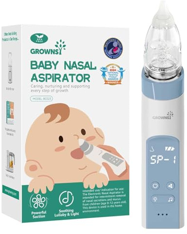GROWNSY Nasal Aspirator for Baby, Electric Nose Aspirator for Toddler, Baby Nose Sucker, Automatic Nose Cleaner with 3 Silicone Tips, Adjustable Suction Level, Music and Light Soothing Function, Blue