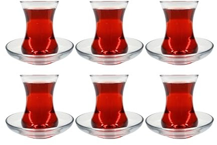 UMS Türkisches Teeglas-Set – schlankes Taillendesign und dicke Sohle verhindern, dass der Tee kalt wird, leicht zu halten, für 6 Personen, 6 Untertassen, 6 Gläser, nützliches Tee-Set, (12 Stück)