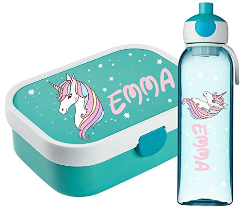 Ferocity Lunchbox Set für Kinder Mädchen zur Schule Personalisiert mit Namen Brotdose Wasserflasche Trinkflasche BPA frei Essen für Unterwegs mit Gabel und Bento Fach To Go Shiny Unicorn [153]