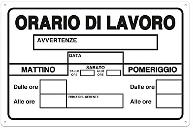 Nitek Cartel horario de trabajo de PVC 30 cm x 20 cm – Señal autoadhesiva| Sign, Schild | Impermeables lavables, oficina, gimnasio, restaurante, bar