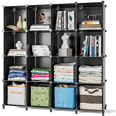 FUNLAX Cube Storage Unit, 16 Cube Bookcase Bookshelf Portable Bathroom Storage Plastic Cube Organiser Stackable Cube Shelving Unit for Clothes Books Toys Yarn Shoes