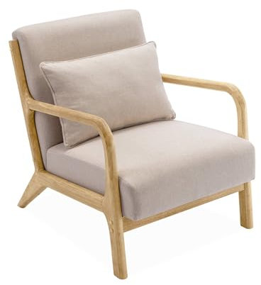Alice's Home - Fauteuil Design en Bois et Tissu. 1 Place Droit Fixe. Pieds Compas scandinave. Structure en Bois Solide. Assise Confortable Beige
