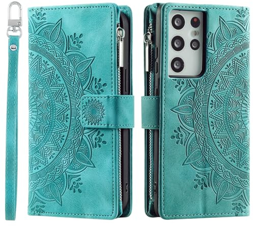 VEEMOS Wallet Case for Samsung Galaxy S21 Ultra Flower Flip Case Protective Leather Folio Book Phone Cover with Card Slots Kickstand Zipper Pocket - Green