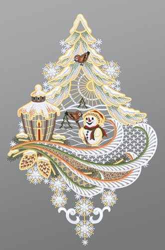 Plauener Spitze Fensterbild Schneemann mit Laterne und Vögelchen (Bx H) 23cm * 36cm Mehrfarbig Fensterdekoration Fensterschmuck