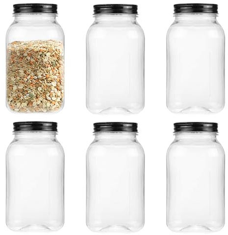 OMNISAFE 32 Ounce Clear Plastic Jars With Screw On Lid, Reusable Empty Jars for Food Storage, Round BPA Free Containers for Sealing, Dry Food, Snacks, Candies, Breakage-proof, (Black - 6 Pack)