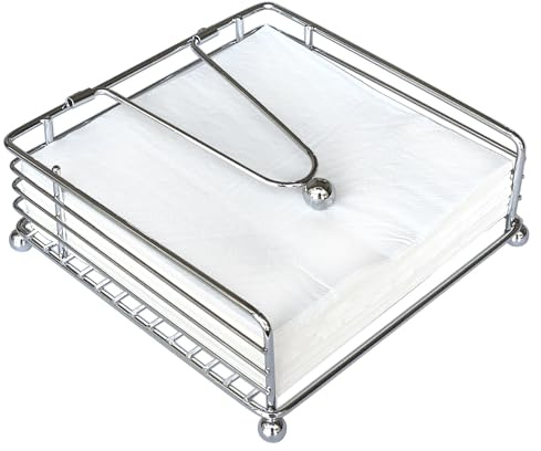 hiwafifi Napkin Holder for Table, Flat Napkin Dispenser with Weighted Arm, Square Cocktail Paper Holder of Elegant Rustic Iron for Kitchen Dining Room Decor Restaurant Farmhouse Hotel Party, Silver