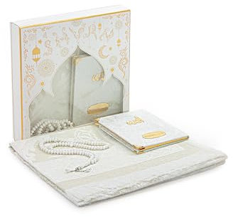 ihvan online Gebetsgeschenk Set für Männer und Frauen, Muslimischer TAFT Gebetsteppich, Yaseen Buch, Salah Matte, Perlen Rosenkranz, Islamisches Geschenk für Ramadan & Eid & Mitgift, Weiß