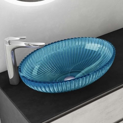 Mai & Mai Lavabo à Poser en Verre Lave-Mains Vasque Ovale à Poser Lavabo Bleu pour Salle de Bain WC d'Invités 50,5x35x14,5 cm Min04