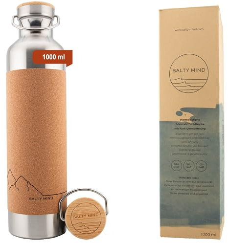 Salty Mind Edelstahl Trinkflasche 1000ml - Nachhaltige, isolierte Thermo Wasserflasche Edelstahl auslaufsicher - Iso Flasche ohne Schadstoffe, BPA frei - Thermotrinkflasche (Berge-Gravur)