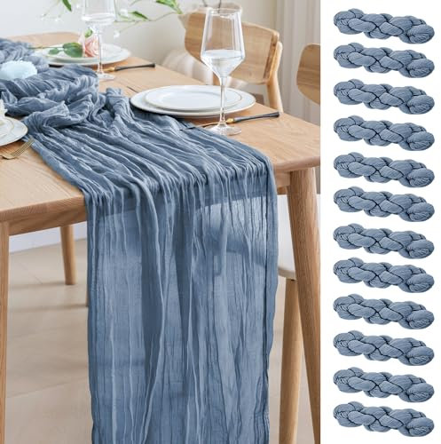 Asee'm 12PCS Tischläufer Käsetuch 300 x 90cm Staubiges Blau Boho Transparente Läufer Tisch Hochzeit Gaze Stoff Rustikale Käse Tuch für Braut Dusche Party