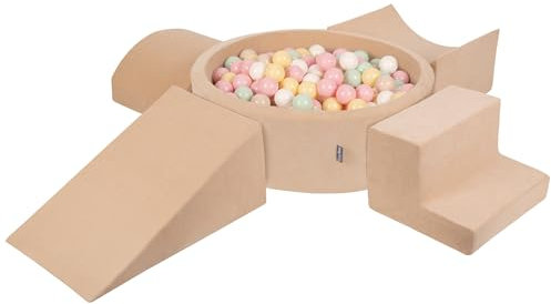 KiddyMoon Velvet Aire De Jeux En Mousse Avec Rond Piscine À Balles (200 Balles)Fosses À Boules Pour Enfants Jouets Parcours Obstacles, Beige Sableux:Beige Pastel/Jaune Pastel/Blanc/Menthe/Rose Poudré