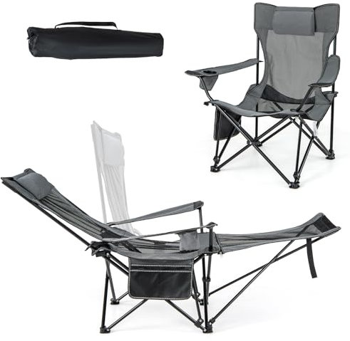 COSTWAY Chaise Pliante Camping, Chaise Longue Réglable sur 4 Positions, Repose-Pieds Amovible, Appui-Tête, Poche, Porte-Gobelet, Fauteuil Inclinable pour Plage Pêche Bureau, Charge 150 KG, Gris