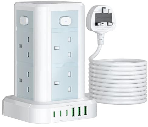 10M Tower Extension Lead with USB, Toomke 8 Way Multi Socket Plug Extension (3 USB A & 3 Type C), Overload Protection Tower Power Strip with Switches, 13A 3250W UK Socket Tower Power Cords 10 Meters