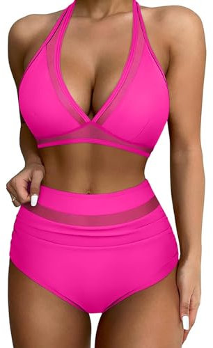 Yutdeng Costume da Bagno Donna Due Pezzi Costumi da Mare con Scollo V Push Up Bikini Swimwear con Controllo della Pancia Brasiliana Beachwear Mesh Halter a Vita Alta Bikini Set,Rosso Rosa,S