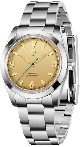 Pagani Design Automatikuhren für Herren mit Lederarmband, Edelstahl Herren Saphirglas Armbanduhr, NH35A Uhrwerk, DD36 (Gold 1785)