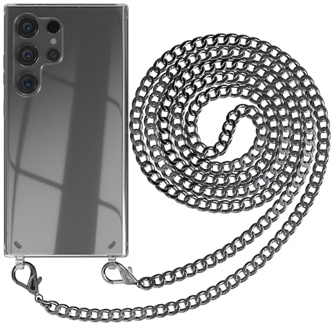 EAZY CASE Handykette kompatibel mit Samsung Galaxy S24 Ultra Handyhülle mit Metall Umhängeband und Ersatz Kordel schwarz, Handykordel mit Schutzhülle, Kette mit Smartphone Hülle, Metall – Anthrazit