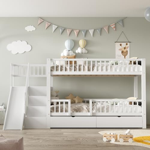 LATICO Kinderbett 90x200 Etagenbett für 2 Kinder, Hausbett Hochbett mit Rutsche und Treppen, 2 Schubladen & 3 Ablagefächer, Holzbett Bettgestell mit Rausfallschutz und Lattenrost, Ohne Matratze, Weiß