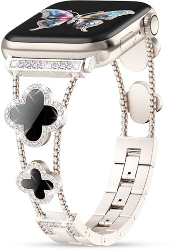 Lucky Clover Diamond Band Watch Straps for Women, Compatible with Apple Watch Bands 40mm 41mm 38mm Series 9 Ultra SE 8 7 6 5 4 3 2 1, Sparkle Diamond Replacement Bracelet Wristband for iWatch