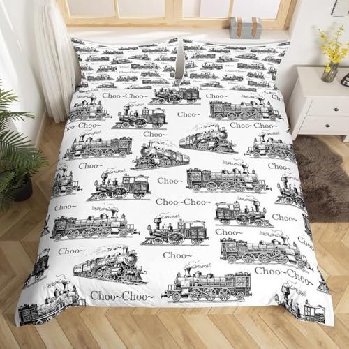 Manfei Vintage Zug Bettbezug Set S Größe,Dampflok Zug Bettwäsche Set für Kinder Jungen Mädchen Teens Schlafzimmer Dekor,alte Zug Tracks Tröster Abdeckung Skizze Schwarz Weiß Quilt Cover,1 Kissenbezug