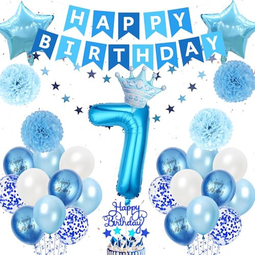Xietaea Geburtstag Deko 7 Jahre Junge - 53 Stück Blau 7. Geburtstag Dekoration mit Riesen Folienballon Zahl 7, Happy Birthday Girlande, Pompons Papierblumen, Luftballon Deko zum 7. Geburtstagsfeier