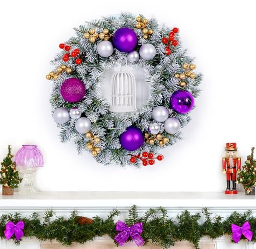 Minicoco 30 cm Weihnachtskränze mit Schleife, künstliche Weihnachtsgirlande für Haustür, Türkränze, Heimdekoration, Weihnachtsdekoration für den Außenbereich (lila)