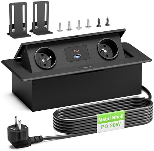 Multiprise Encastrable USB C PD20W, Aluminium Prise Encastrable Plan de Travail 2 Prise, Bloc Prise Encastrable pour Cuisines Bureaux Salle de Réunion, 2500W/10A, 1.8M Câble, Noir