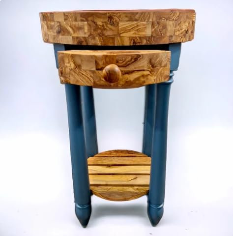 Olive Wood Butcher Block Table Island with Drawer – Sturdy Kitchen Prep Table with Storage Shelf – Natural Wood Grain, Durable Cutting Surface – Perfect for Food Prep Kitchen Décor (Blue)