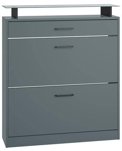 Vladon Schuhschrank Enigma, Schuhkipper für 16 Paar Schuhe mit 2 Klappen und 1 Schublade und Glasablage, Fjord Grün (89 x 104 x 23 cm)