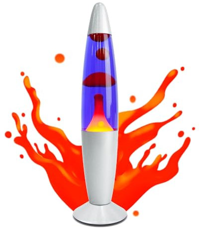 BrightWish Retro Lavalampe – Aluminium Lava Lampe 34 cm, E14 Sockel mit 25W R39 Glühbirne & Ersatzbirne, lila Flüssigkeit rote Wachswirbel, Deko für Zuhause, Büro & Geschenkidee