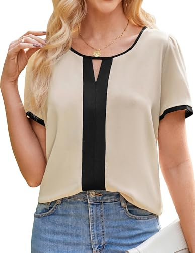 GRACE KARIN Damen Elegant Bluse Sommer Rundhalsausschnitt Locker Kurzarm Oberteile M Apricot