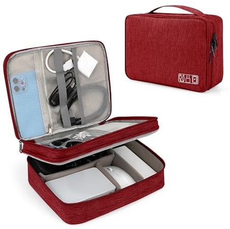 Tunejoy Borsa Accessori Elettronici Portatile Custodia per Elettronica Organizzatore Doppio Strato Impermeabile per Cavi Disco Rigido Caricatore Grigio 27x20x8 cm Rosso