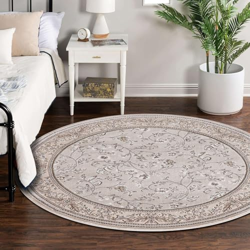 cozily® Soft Pile Jute Round Rug For Bedroom - Marco Beige Vintage Rug - 120 x 120 cm - Washable Circle Rugs Living Room Carpet and Dining Room